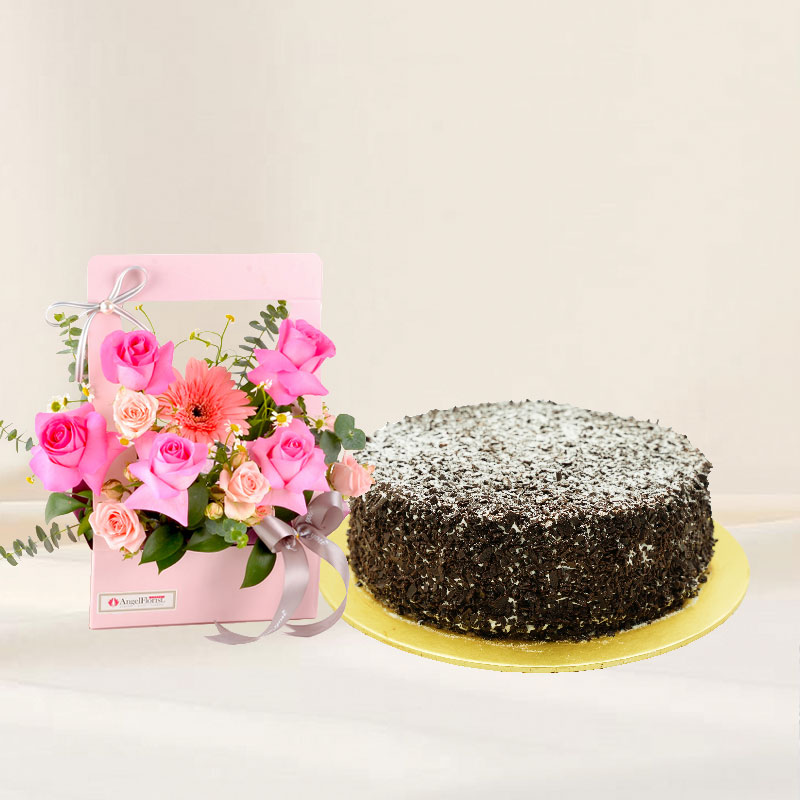 Flower Arrangement and Blackforest Cake